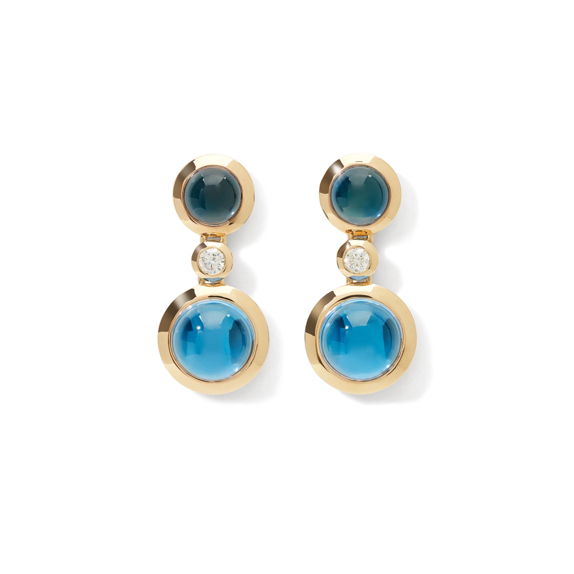 Tamara Comolli BOUTON Ohrhänger 2 Cabochons 'Sky' (E-BOU-2-Sky-Cl-yg) aus Gelbgold mit Diamant, London Topas und Topas