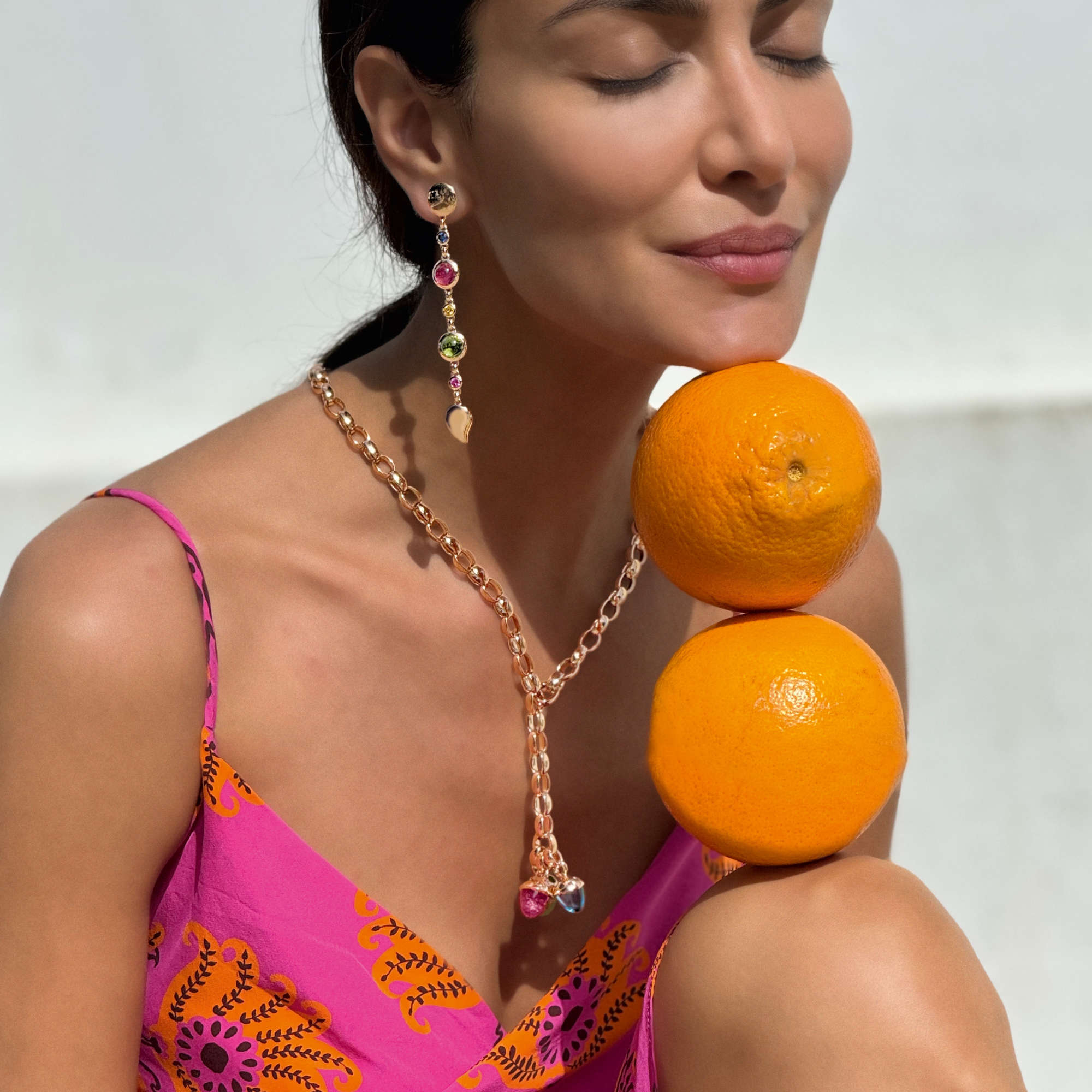 Tamara Comolli BOUTON Ohrringe Long 'Candy' (E-BOU-3-Can-Sa-rg) aus Roségold mit Diamant, Granat, Peridot, Saphir, Topas und Turmalin