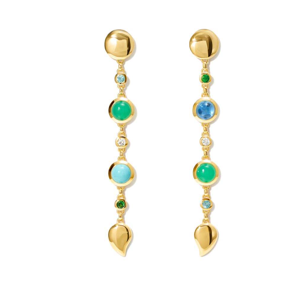 Tamara Comolli BOUTON Ohrringe Long 'Lagoon' (E-BOU-3-Lag-M-yg) aus Gelbgold mit Diamant, Chrysopras, Topas, Tsavorit und Türkis