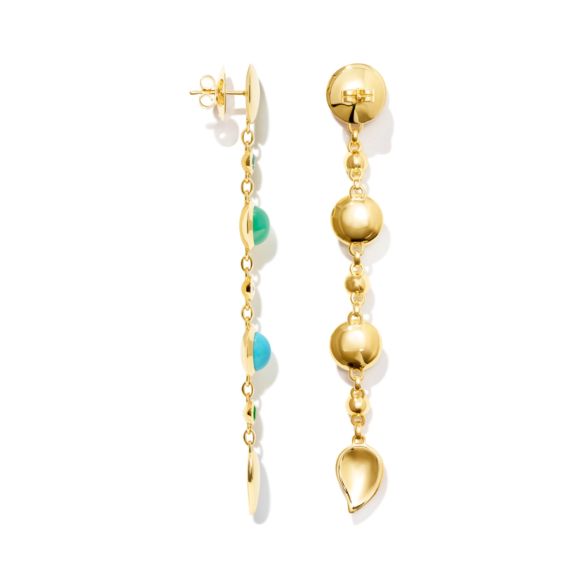 Tamara Comolli BOUTON Ohrringe Long 'Lagoon' (E-BOU-3-Lag-M-yg) aus Gelbgold mit Diamant, Chrysopras, Topas, Tsavorit und Türkis