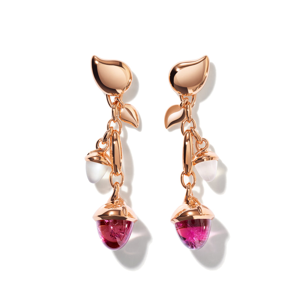 Tamara Comolli MIKADO Ohrringe Dangling 2 Acorns 'Blush' (E-M-d-2-Blu-rg) aus Roségold mit Mondstein und Turmalin