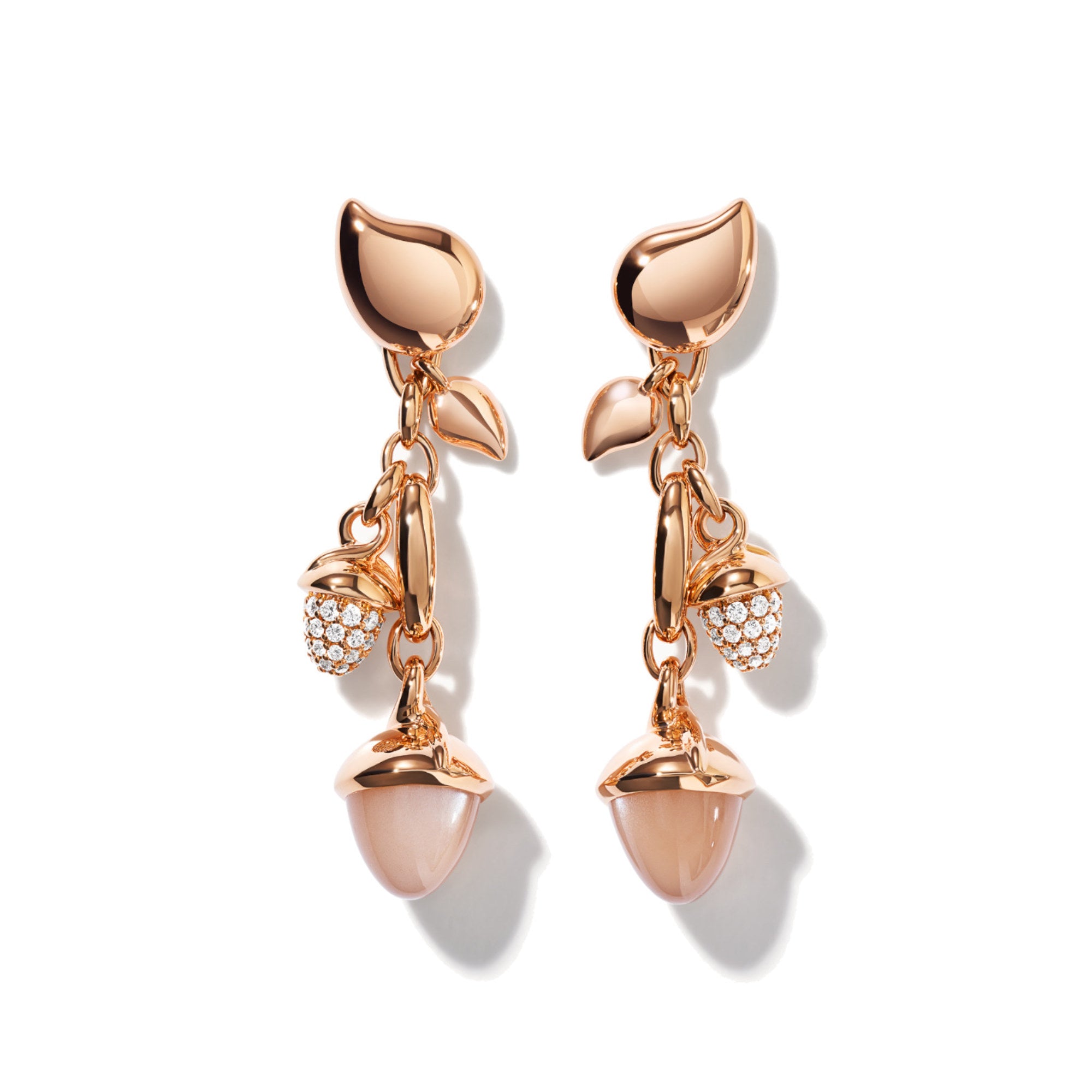 Tamara Comolli MIKADO Ohrringe Dangling 2 Acorns 'Camel' (E-M-d-2-Cam-p-rg) aus Roségold mit Diamant und Mondstein