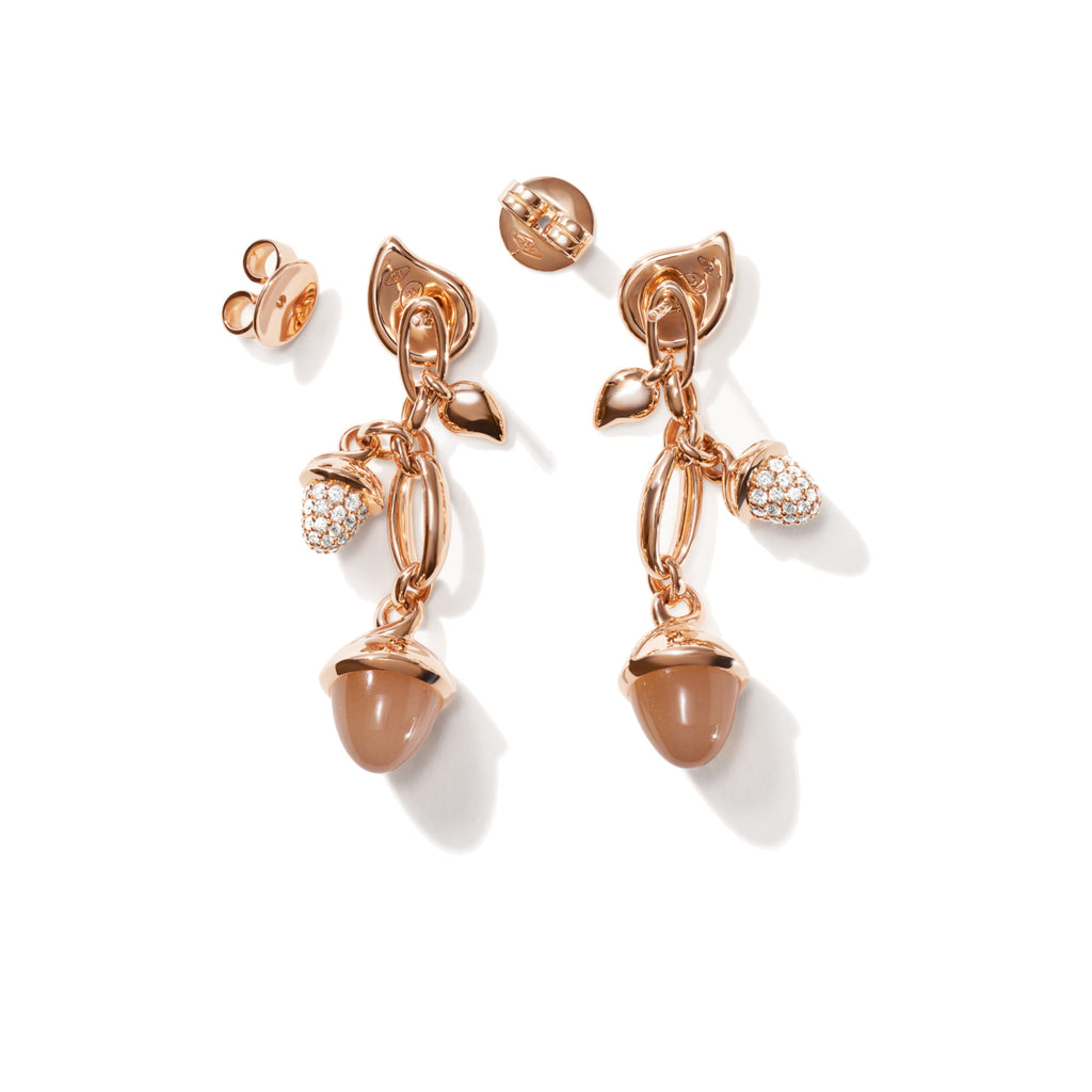 Tamara Comolli MIKADO Ohrringe Dangling 2 Acorns 'Camel' (E-M-d-2-Cam-p-rg) aus Roségold mit Diamant und Mondstein