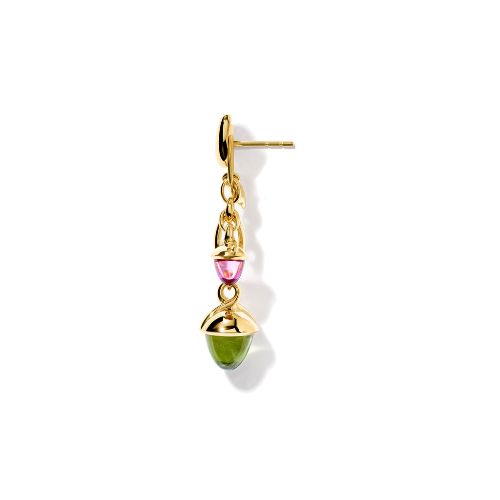 Tamara Comolli MIKADO Ohrringe Dangling 2 Acorns 'Candy' (E-M-d-2-Can-yg) aus Gelbgold mit Granat, Peridot und Turmalin