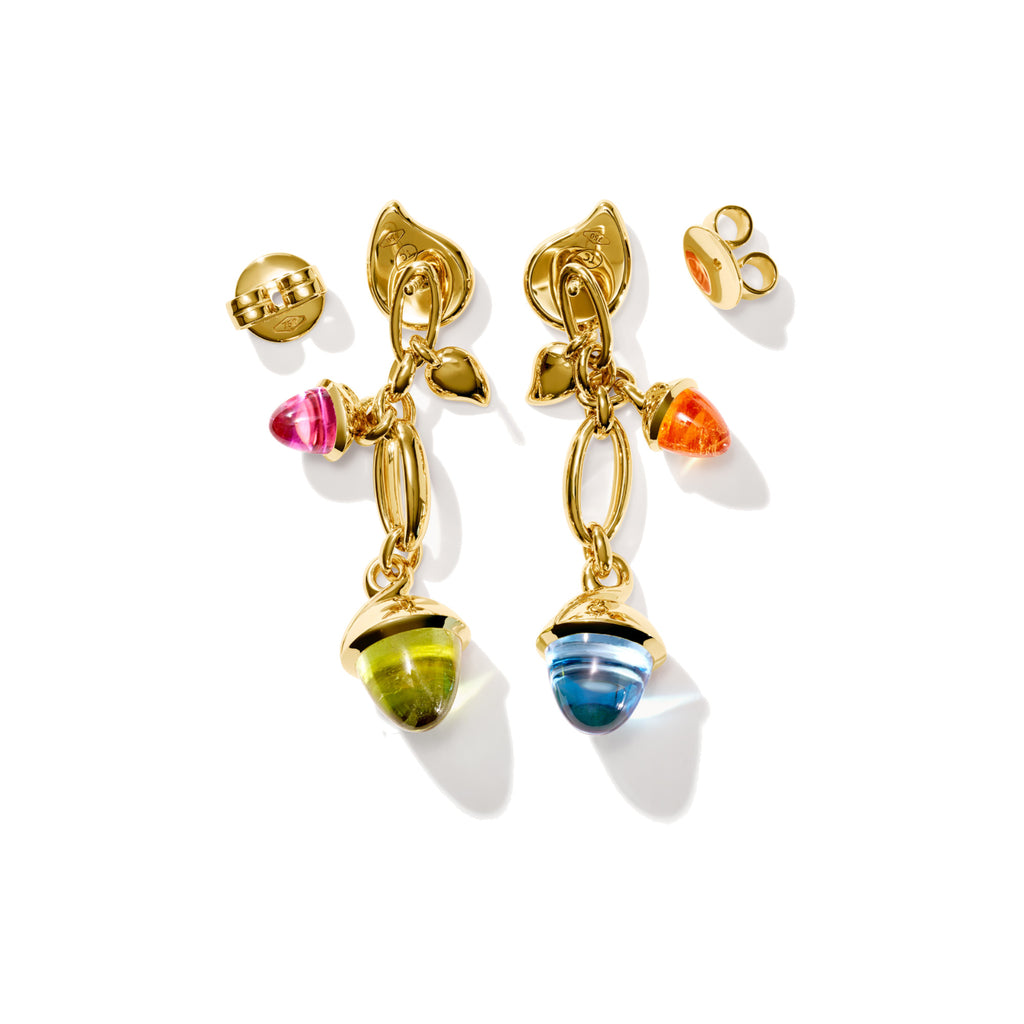 Tamara Comolli MIKADO Ohrringe Dangling 2 Acorns 'Candy' (E-M-d-2-Can-yg) aus Gelbgold mit Granat, Peridot und Turmalin