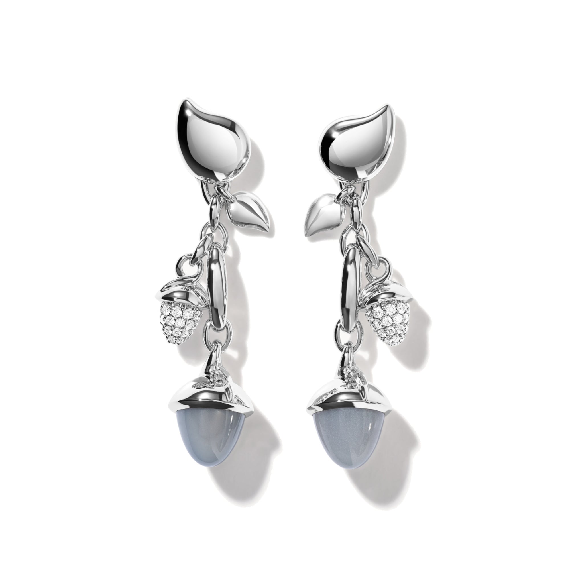 Tamara Comolli MIKADO Ohrringe Dangling 2 Acorns 'Cashmere' (E-M-d-2-Cas-p-wg) aus Weißgold mit Diamant und Mondstein