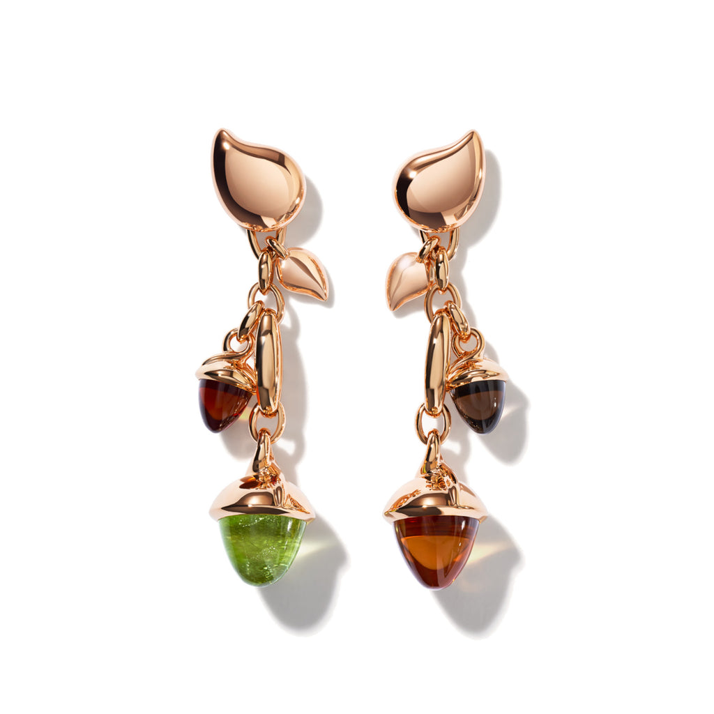 Tamara Comolli MIKADO Ohrringe Dangling 2 Acorns 'Indian Summer' (E-M-d-2-IS-rg) aus Roségold mit Citrin, Peridot und Rauchquarz