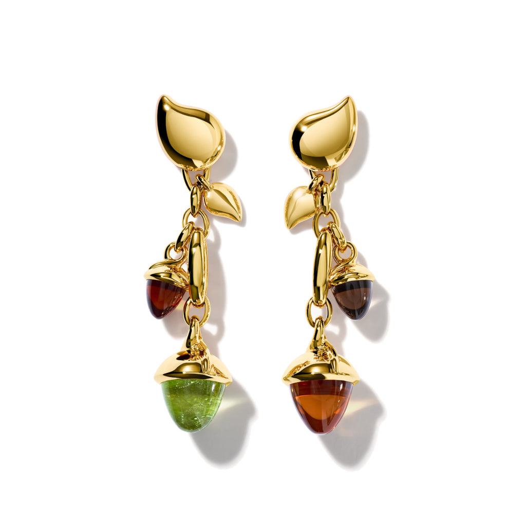 Tamara Comolli MIKADO Ohrringe Dangling 2 Acorns 'Indian Summer' (E-M-d-2-IS-yg) aus Gelbgold mit Citrin, Peridot und Rauchquarz