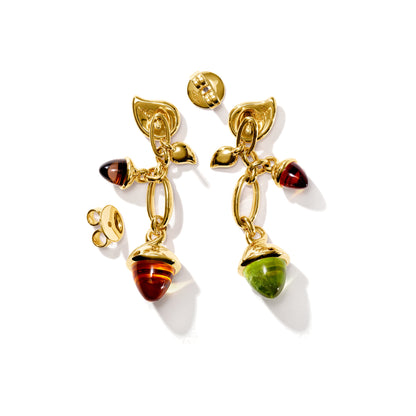 Tamara Comolli MIKADO Ohrringe Dangling 2 Acorns 'Indian Summer' (E-M-d-2-IS-yg) aus Gelbgold mit Citrin, Peridot und Rauchquarz