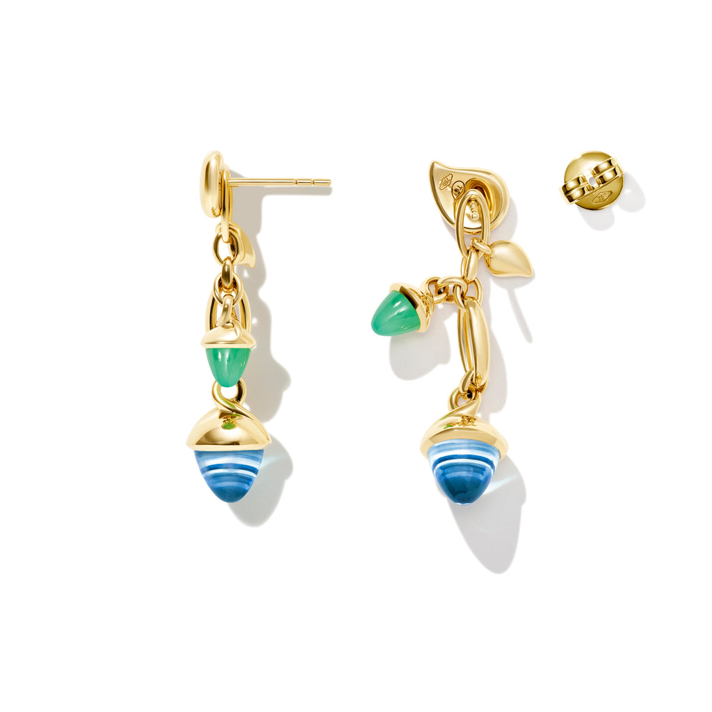 Tamara Comolli MIKADO Ohrringe Dangling 2 Acorns 'Lagoon' (E-M-d-2-Lag-yg) aus Gelbgold mit Chrysopras und Topas