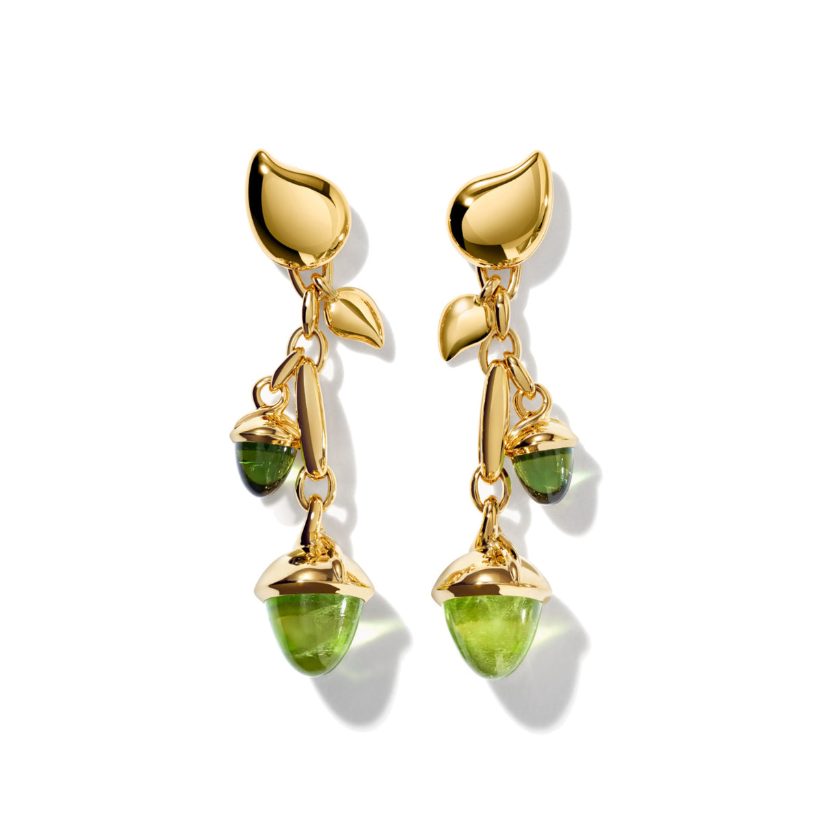 Tamara Comolli MIKADO Ohrringe Dangling 2 Acorns 'Rainforest' (E-M-d-2-RF-yg) aus Gelbgold mit Peridot und Turmalin