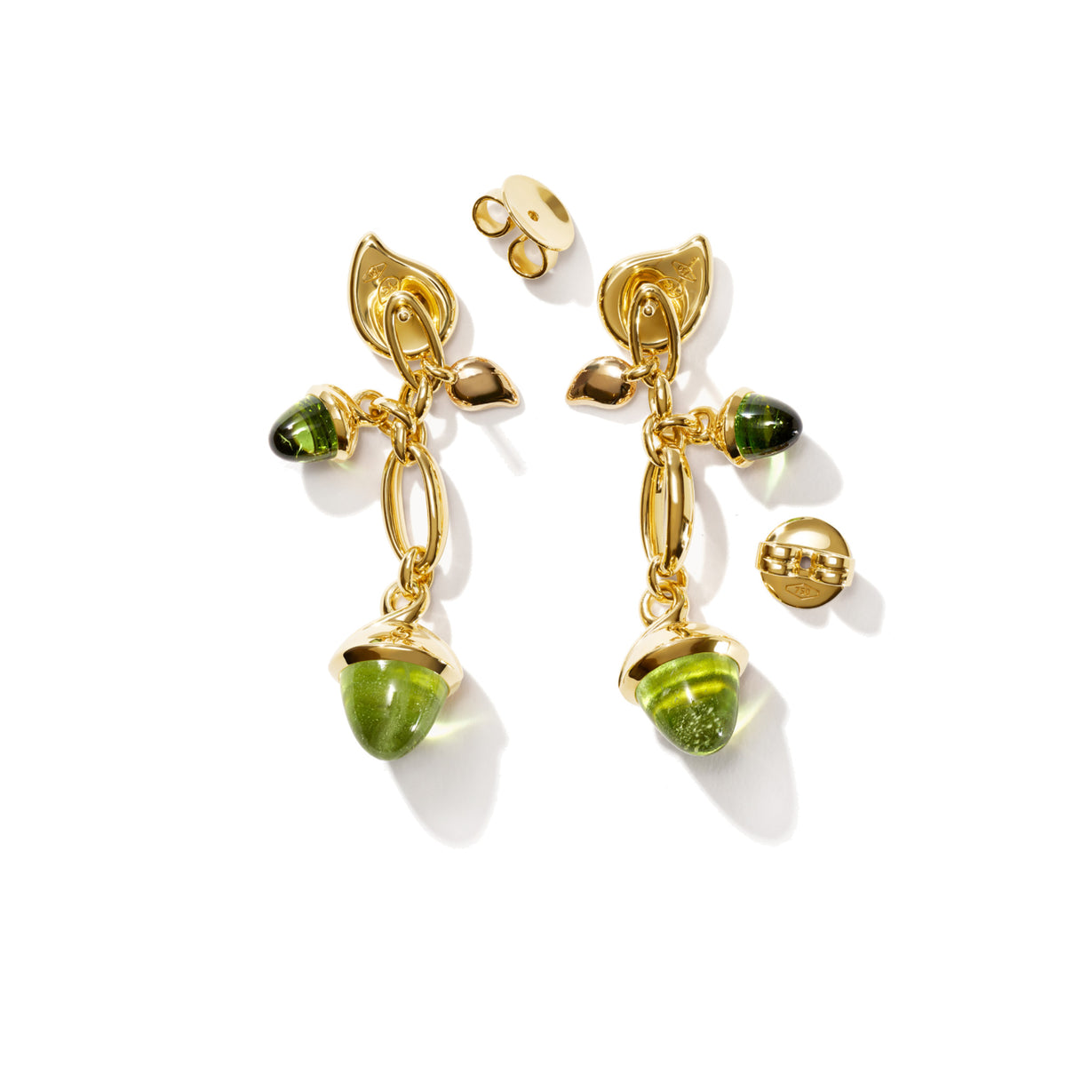 Tamara Comolli MIKADO Ohrringe Dangling 2 Acorns 'Rainforest' (E-M-d-2-RF-yg) aus Gelbgold mit Peridot und Turmalin