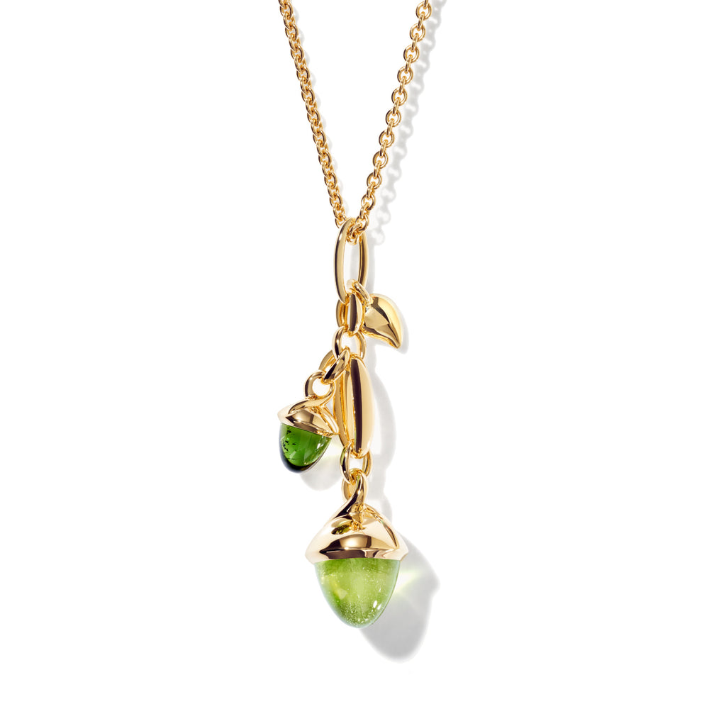 Tamara Comolli MIKADO Ohrringe Dangling 2 Acorns 'Rainforest' (E-M-d-2-RF-yg) aus Gelbgold mit Peridot und Turmalin