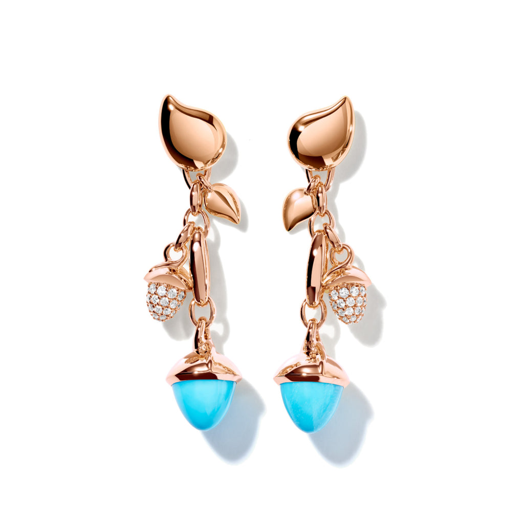 Tamara Comolli MIKADO Ohrringe Dangling 2 Acorns 'Turquoise' (E-M-d-2-Tur-p-rg) aus Roségold mit Diamant und Türkis