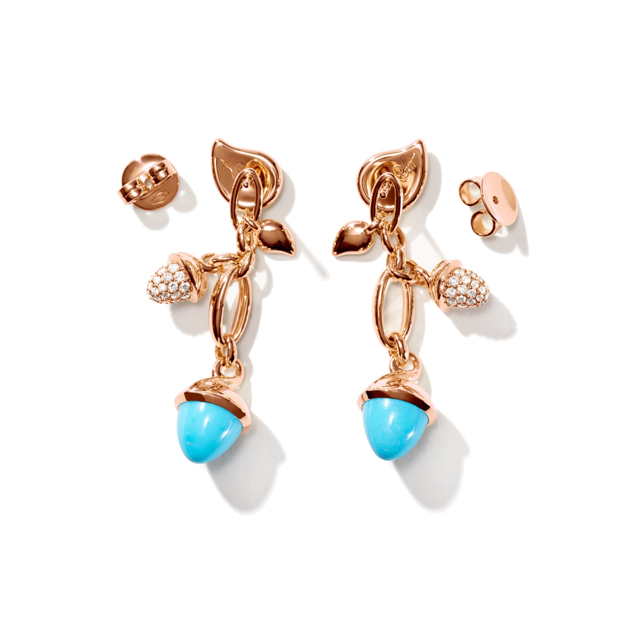 Tamara Comolli MIKADO Ohrringe Dangling 2 Acorns 'Turquoise' (E-M-d-2-Tur-p-rg) aus Roségold mit Diamant und Türkis