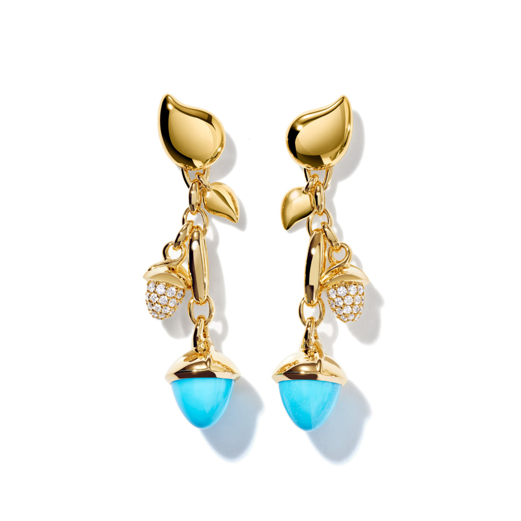 Tamara Comolli MIKADO Ohrringe Dangling 2 Acorns 'Turquoise' (E-M-d-2-Tur-p-yg) aus Gelbgold mit Diamant und Türkis