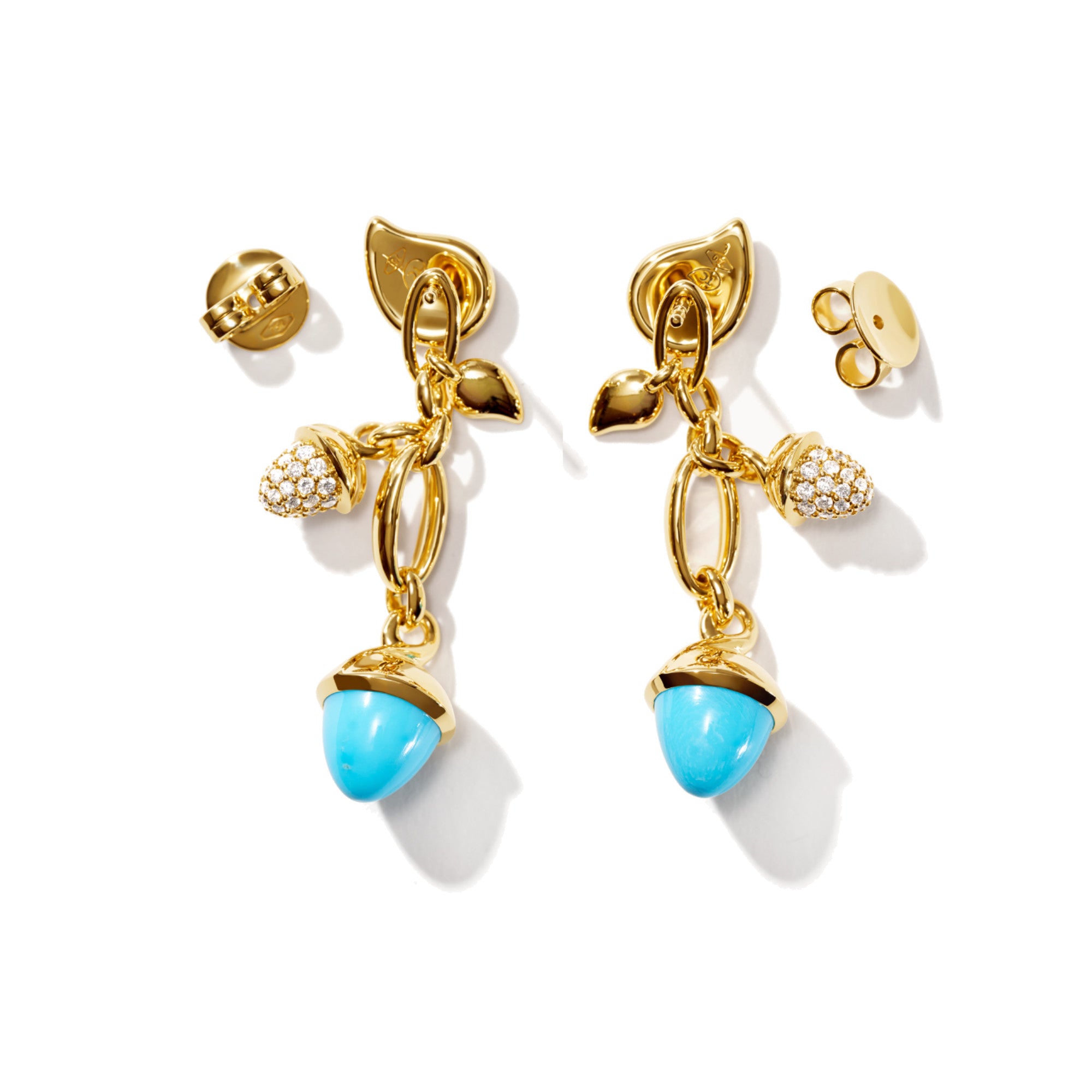 Tamara Comolli MIKADO Ohrringe Dangling 2 Acorns 'Turquoise' (E-M-d-2-Tur-p-yg) aus Gelbgold mit Diamant und Türkis