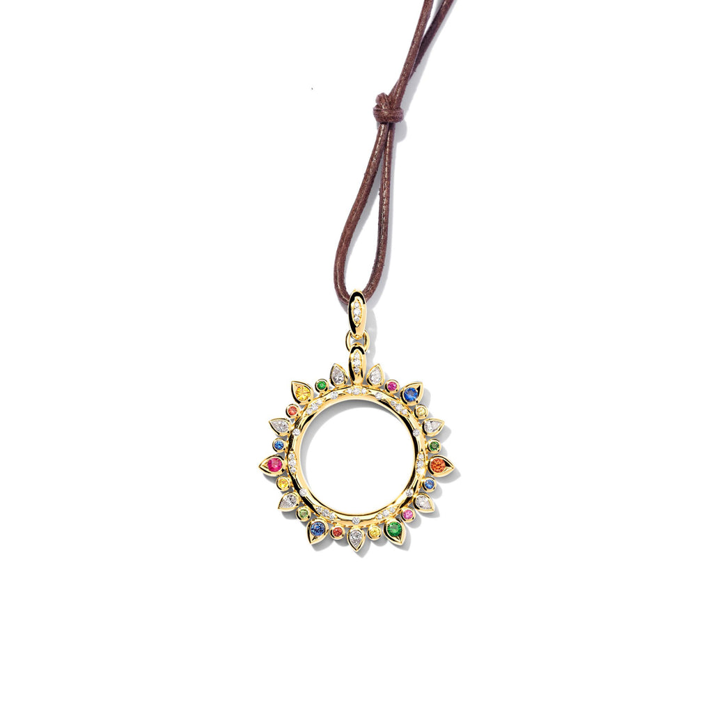 Tamara Comolli SIGNATURE Anhänger Sun large 'Candy' (P-SIG-Sun-l-Can-yg) aus Gelbgold mit Diamant, Saphir und Tsavorit