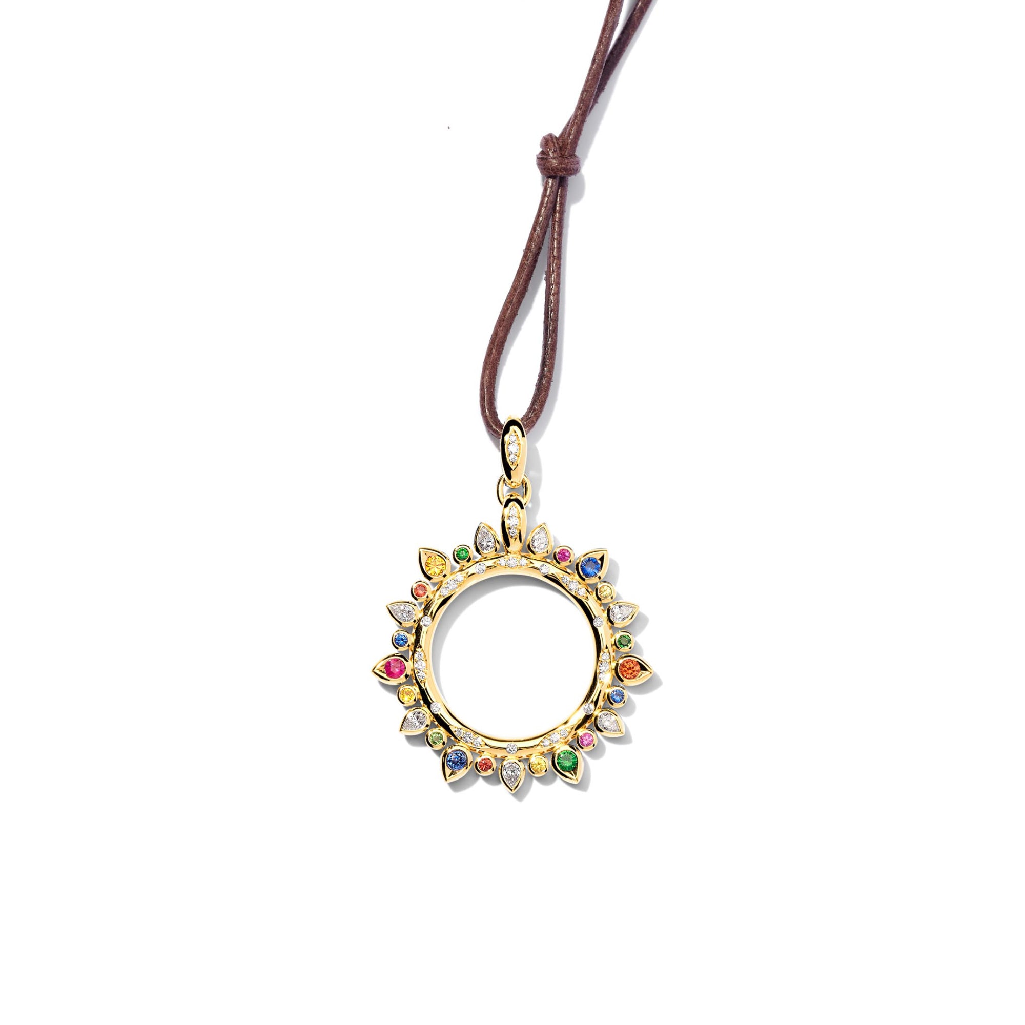 Tamara Comolli SIGNATURE Anhänger Sun large 'Candy' (P-SIG-Sun-l-Can-yg) aus Gelbgold mit Diamant, Saphir und Tsavorit