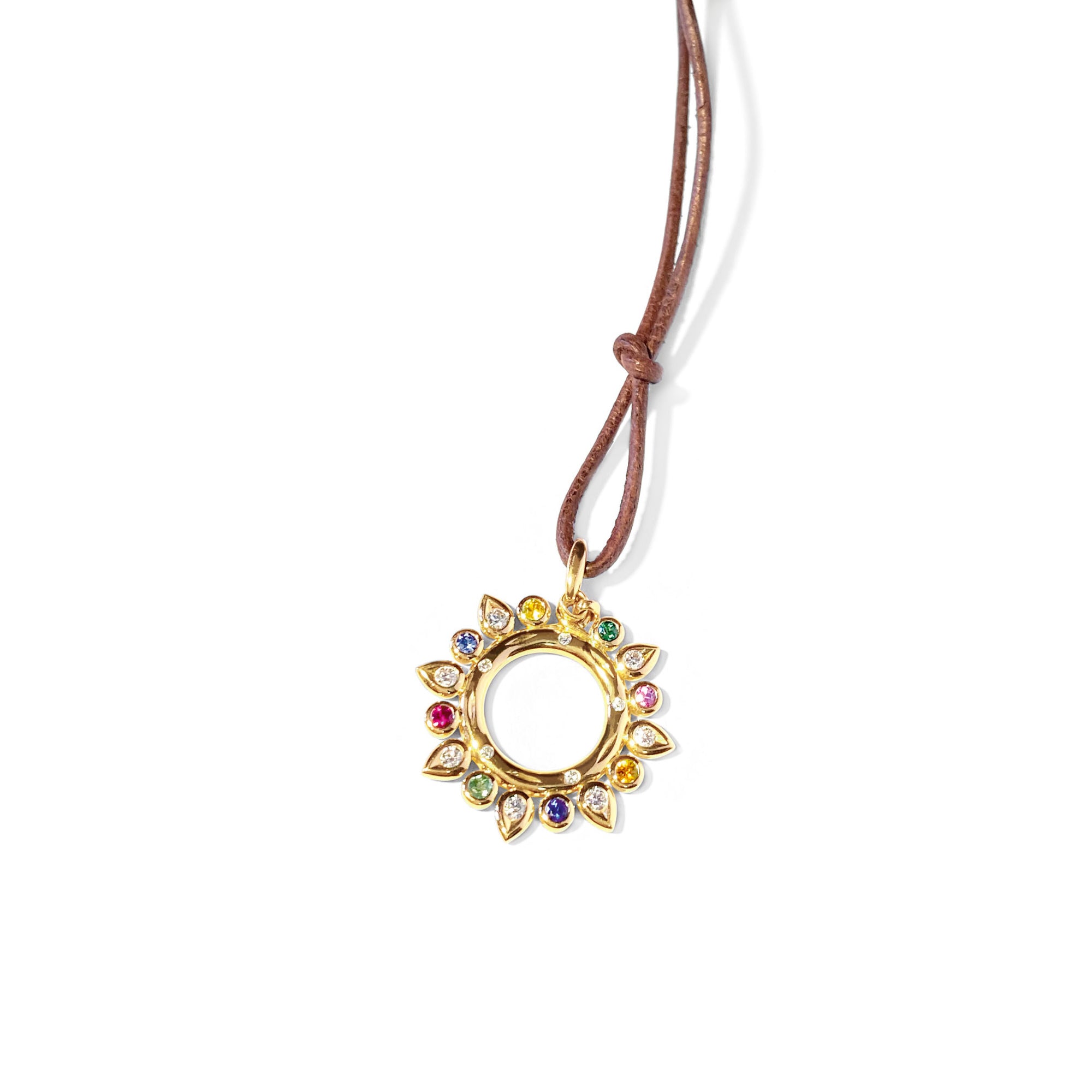 Tamara Comolli SIGNATURE Anhänger Sun small 'Candy' (P-SIG-Sun-s-Can-yg) aus Gelbgold mit Diamant, Saphir und Tsavorit